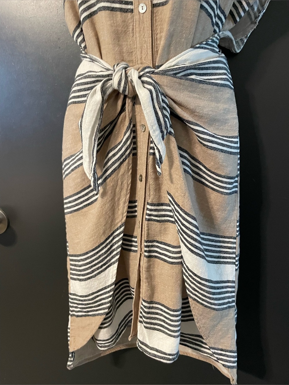 Uncle Frank XS Linen Blend Striped Wrap Waist Shirt Dress Beige Made in USA - Picture 3 of 8